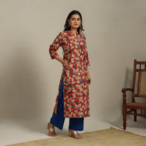 Red Printed Cotton Straight Kalamkari Kurta