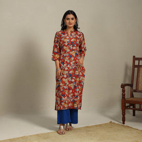 Red Printed Cotton Straight Kalamkari Kurta