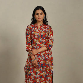 Red Printed Cotton Straight Kalamkari Kurta