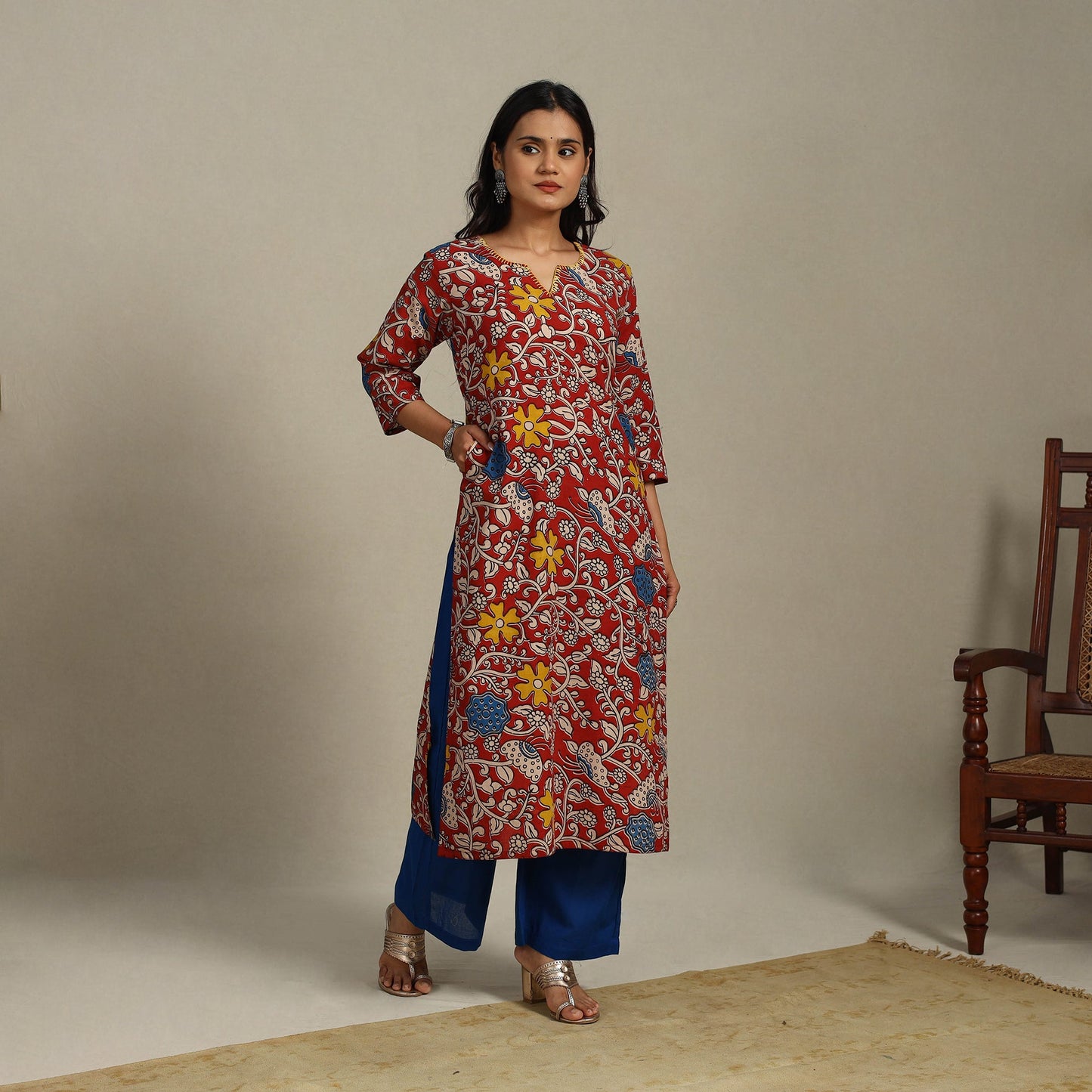 Red Printed Cotton Straight Kalamkari Kurta with Embroidery