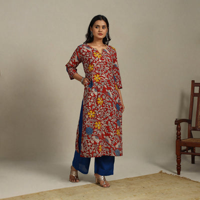 Red Printed Cotton Straight Kalamkari Kurta with Embroidery
