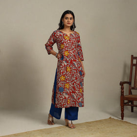 Red Printed Cotton Straight Kalamkari Kurta with Embroidery