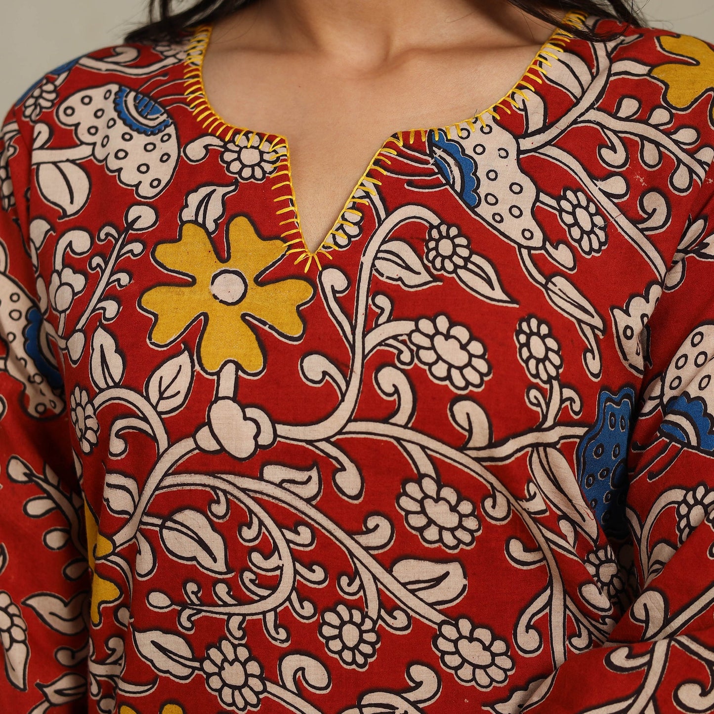 Red Printed Cotton Straight Kalamkari Kurta with Embroidery
