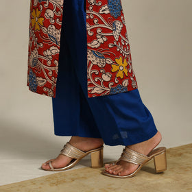 Red Printed Cotton Straight Kalamkari Kurta with Embroidery