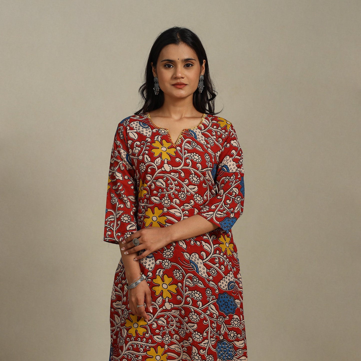 Red Printed Cotton Straight Kalamkari Kurta with Embroidery