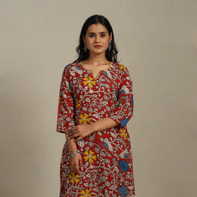 Red Printed Cotton Straight Kalamkari Kurta with Embroidery