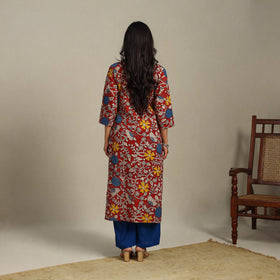 Red Printed Cotton Straight Kalamkari Kurta with Embroidery
