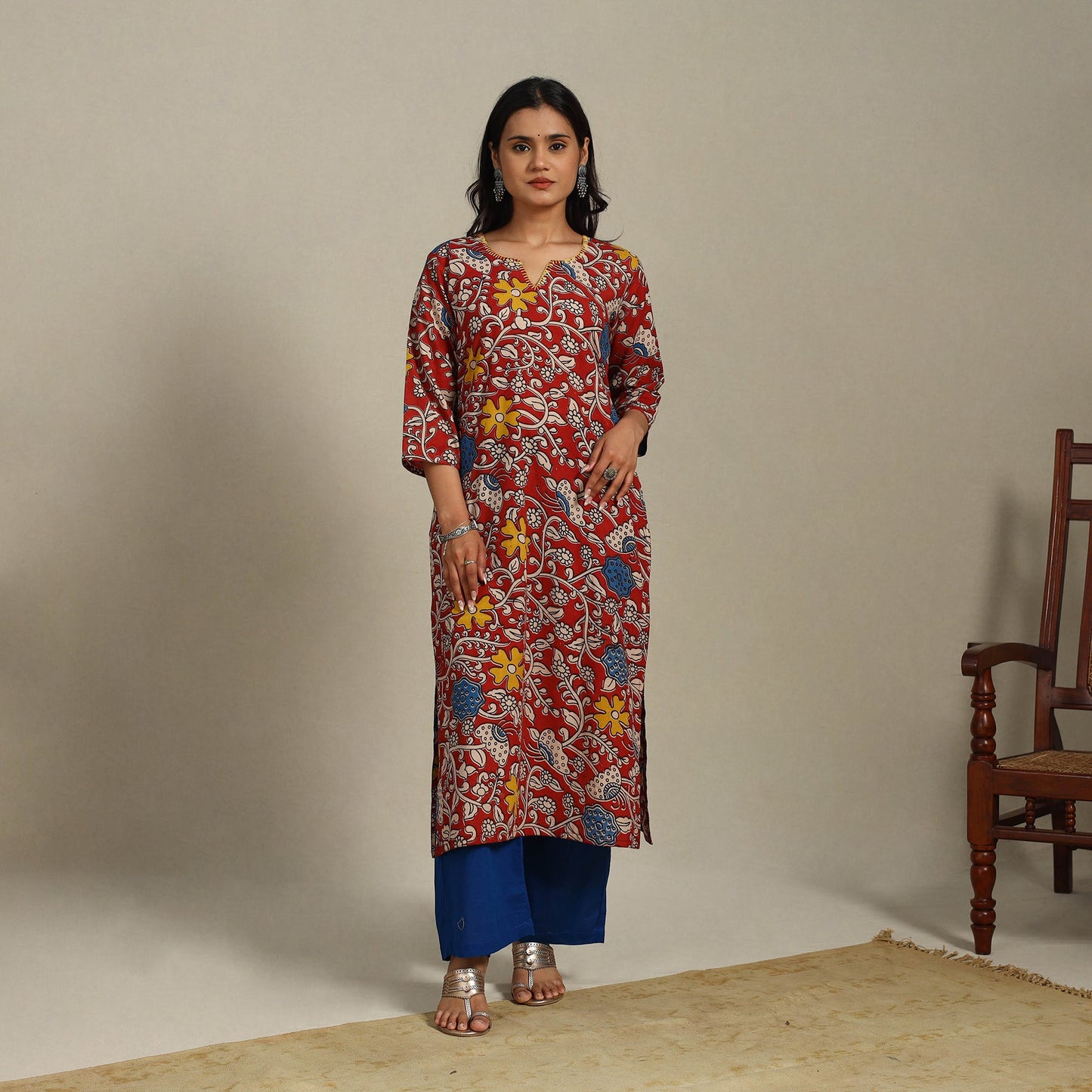Red Printed Cotton Straight Kalamkari Kurta with Embroidery
