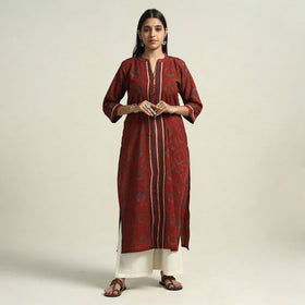 Red Block Printed Cotton Straight Ajrakh Kurta for Women