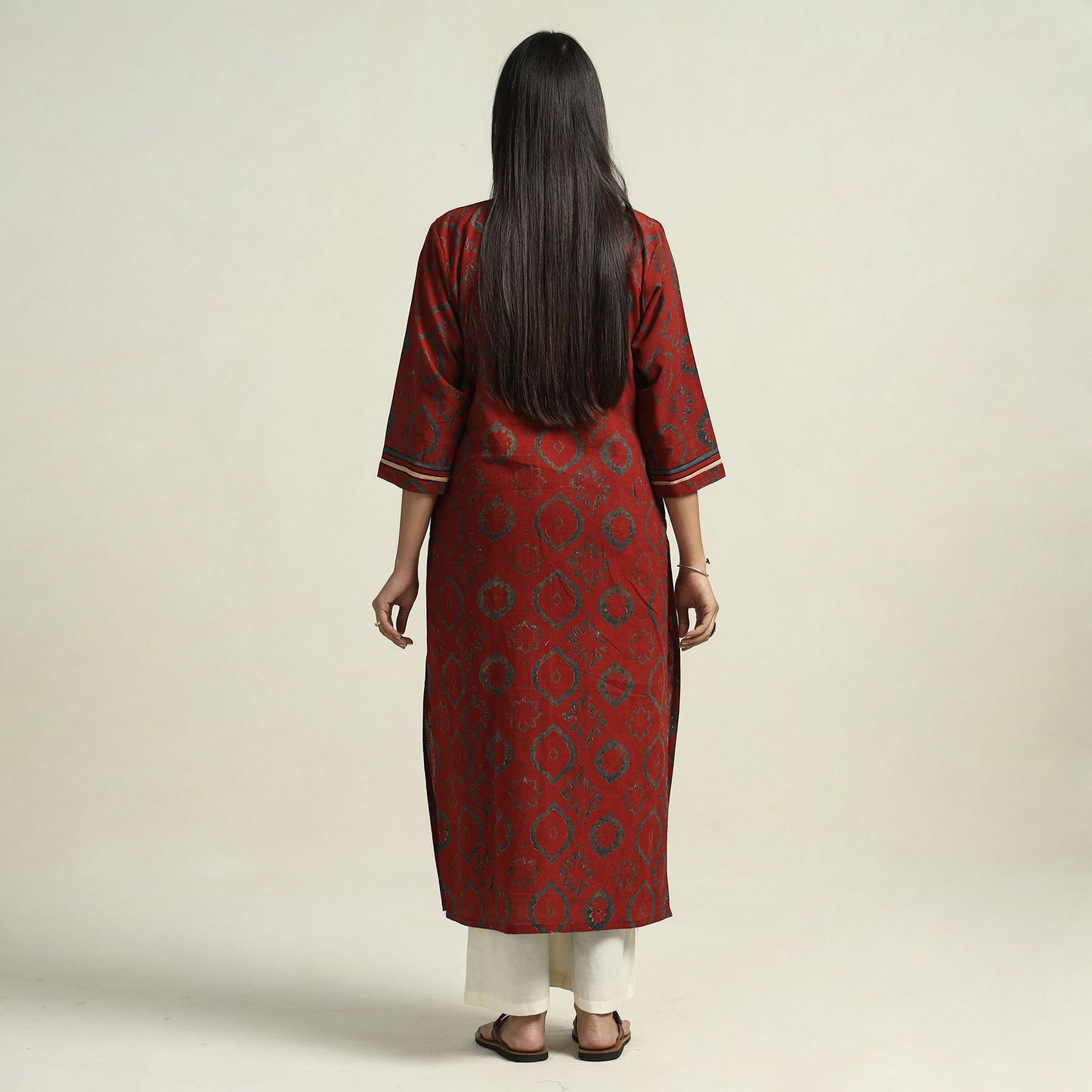 Red Block Printed Cotton Straight Ajrakh Kurta for Women