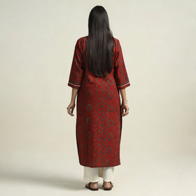 Red Block Printed Cotton Straight Ajrakh Kurta for Women