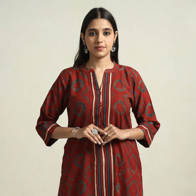 Red Block Printed Cotton Straight Ajrakh Kurta for Women