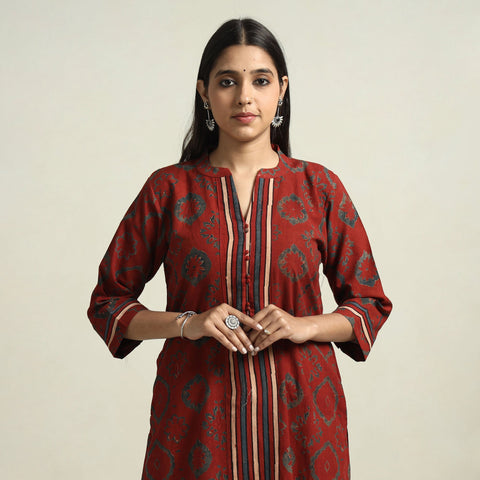 Red Block Printed Cotton Straight Ajrakh Kurta for Women