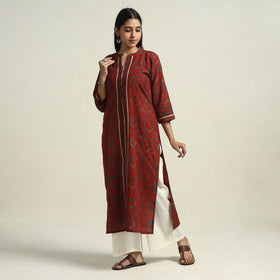 Red Block Printed Cotton Straight Ajrakh Kurta for Women