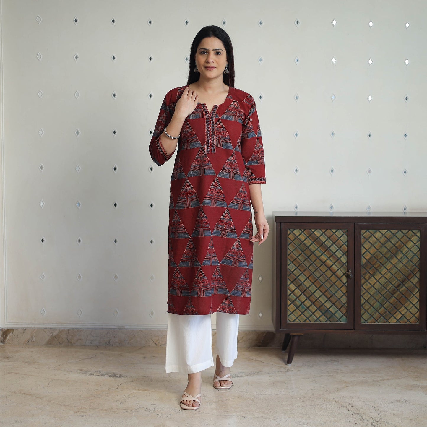 Red - printed cotton straight kurta 28 - handcrafted