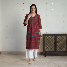Red - printed cotton straight kurta 28 - handcrafted