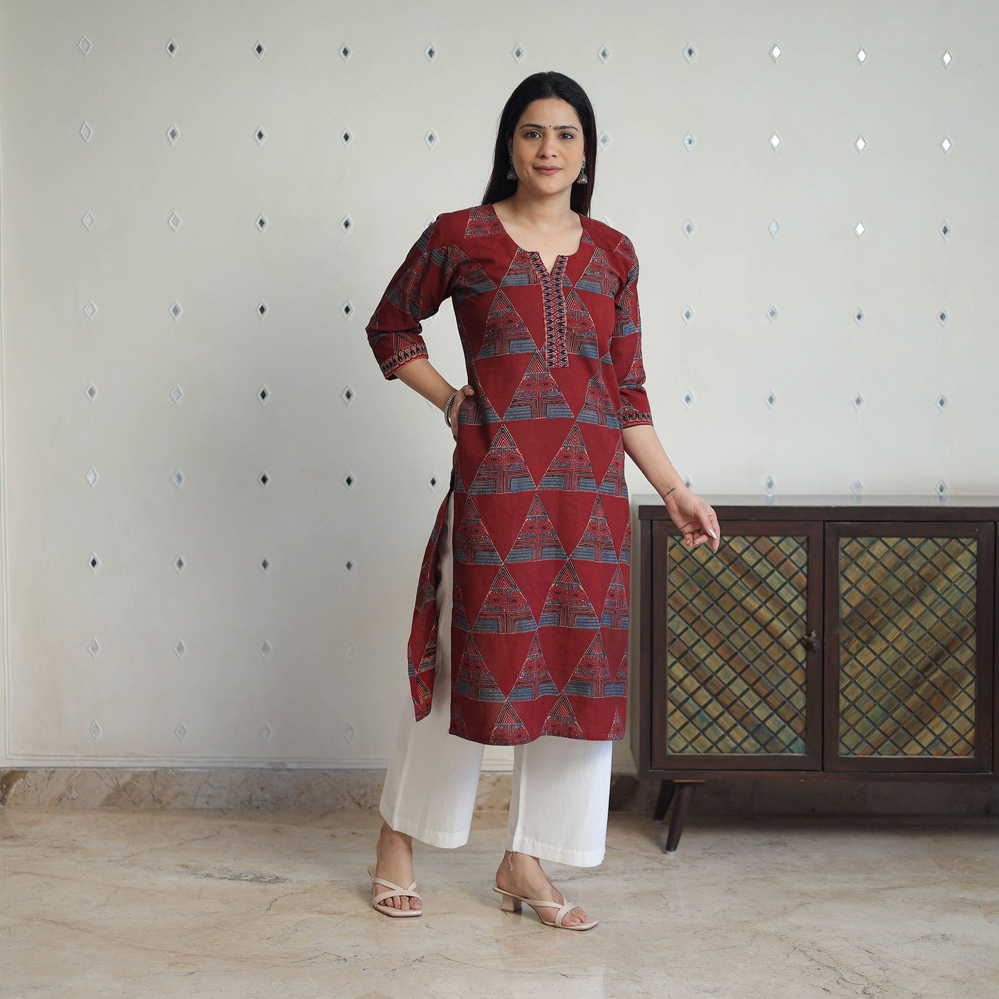 Red - printed cotton straight kurta 28 - handcrafted