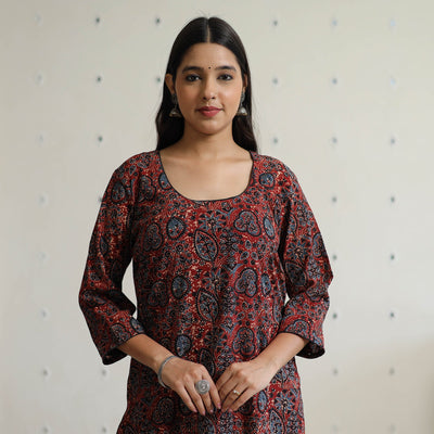  Block Printed Cotton Straight Ajrakh Kurta for Women