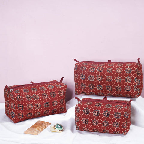 Ajrakh Block Printed Cotton Toiletry Bags (Set of 3) 