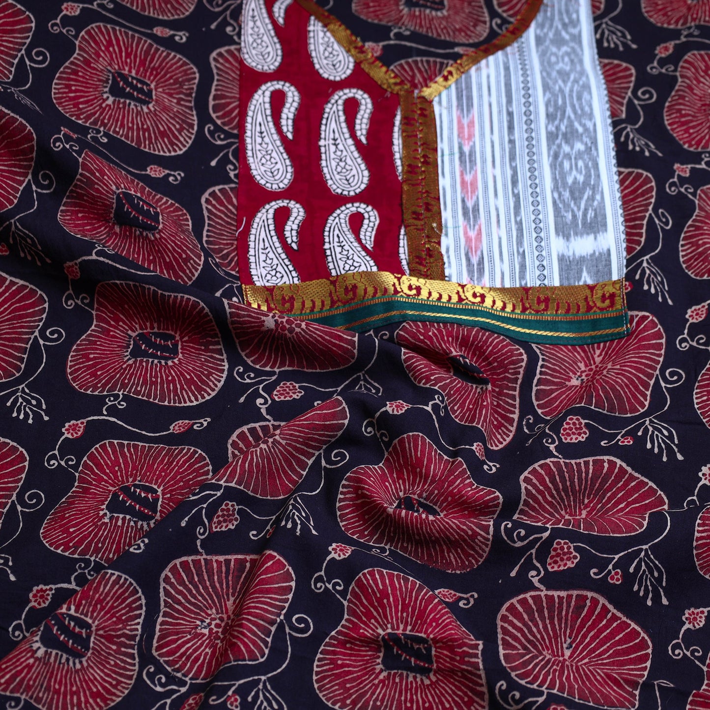 Buy Red Block Print Cotton Ajrakh Kurta Material Online