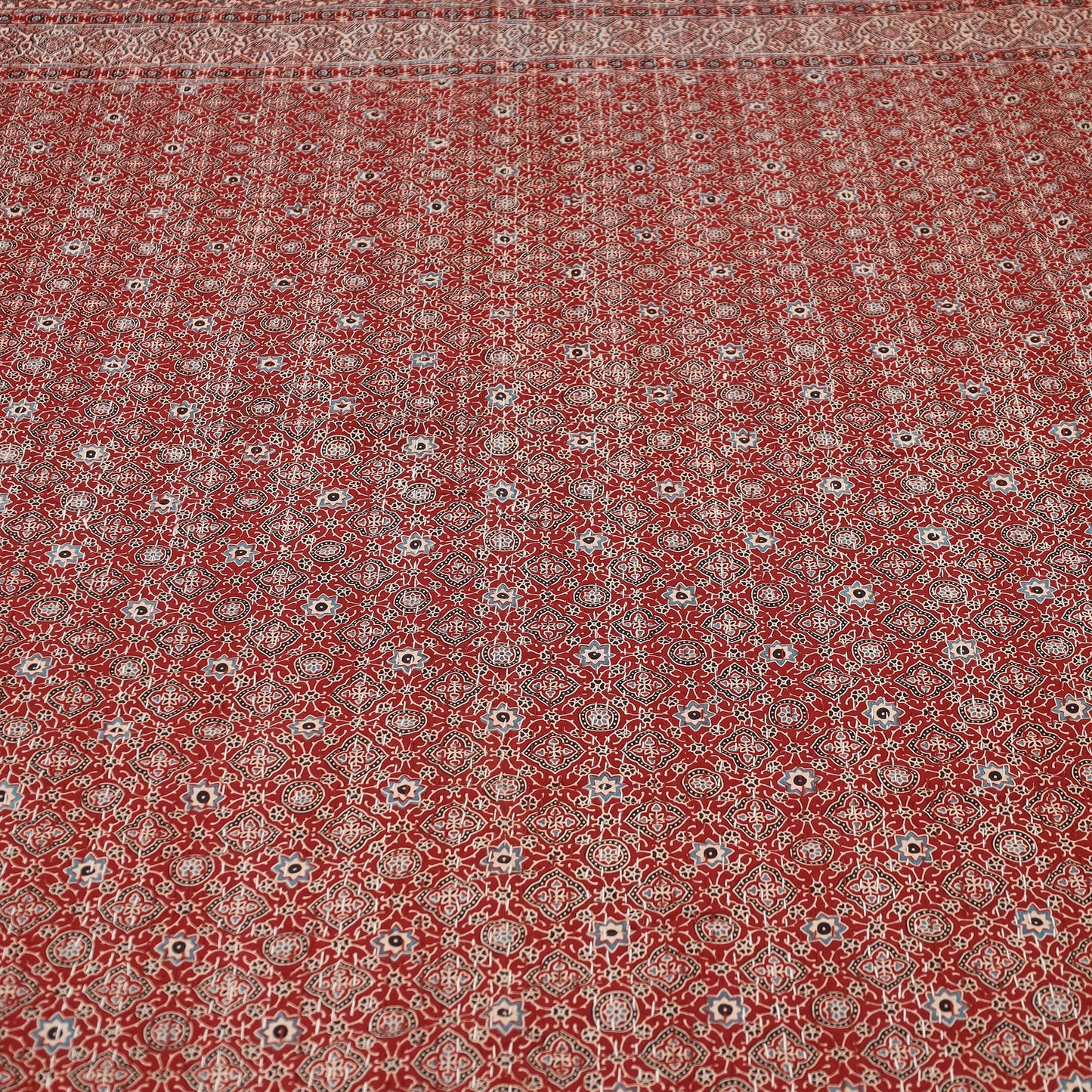 Red Ajrakh Block Print Kantha Work Cotton Double Bed Cover