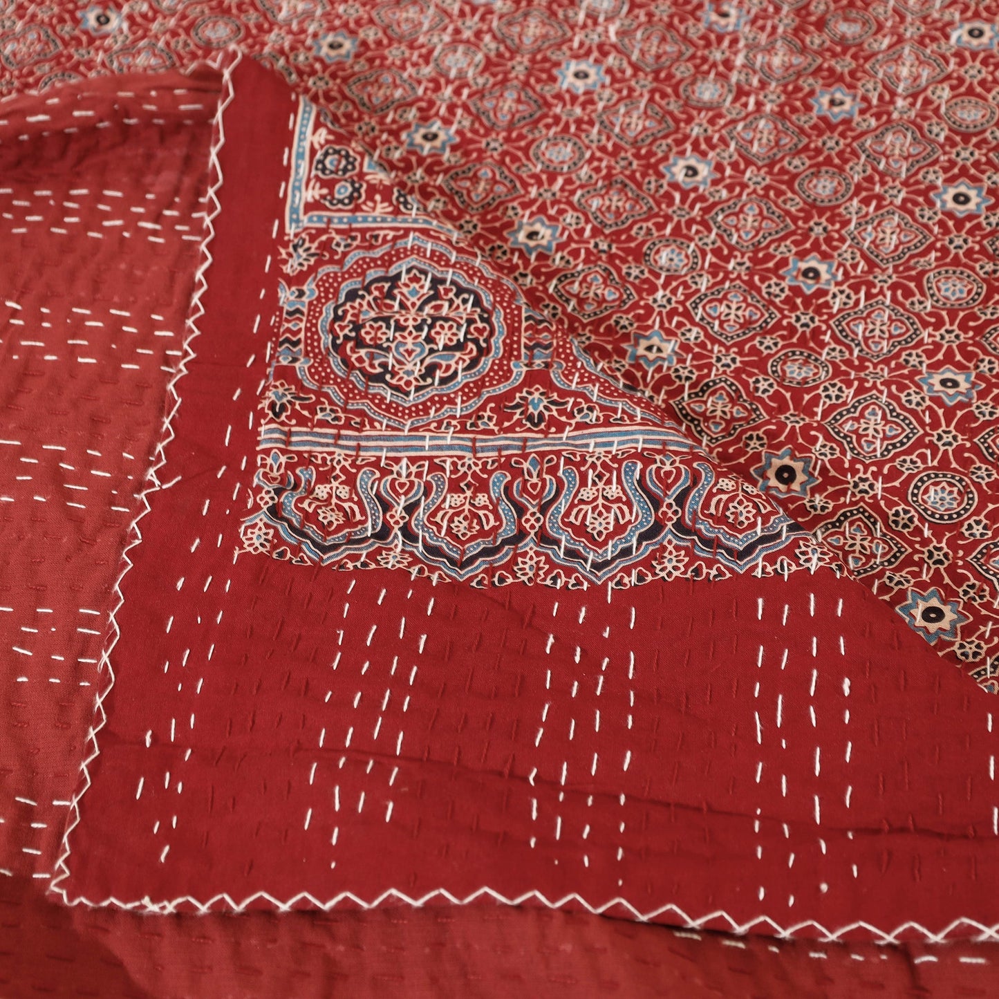 Red Ajrakh Block Print Kantha Work Cotton Double Bed Cover