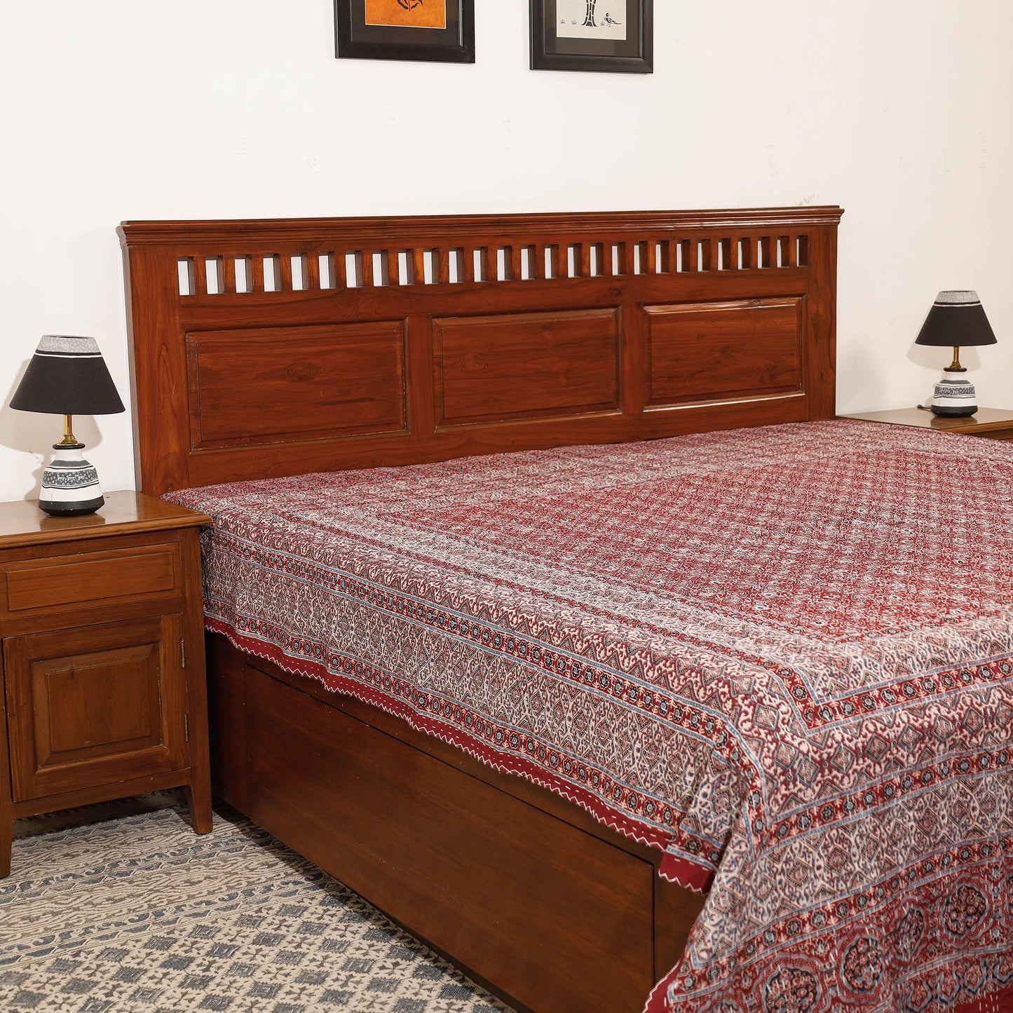 Red Ajrakh Block Print Kantha Work Cotton Double Bed Cover