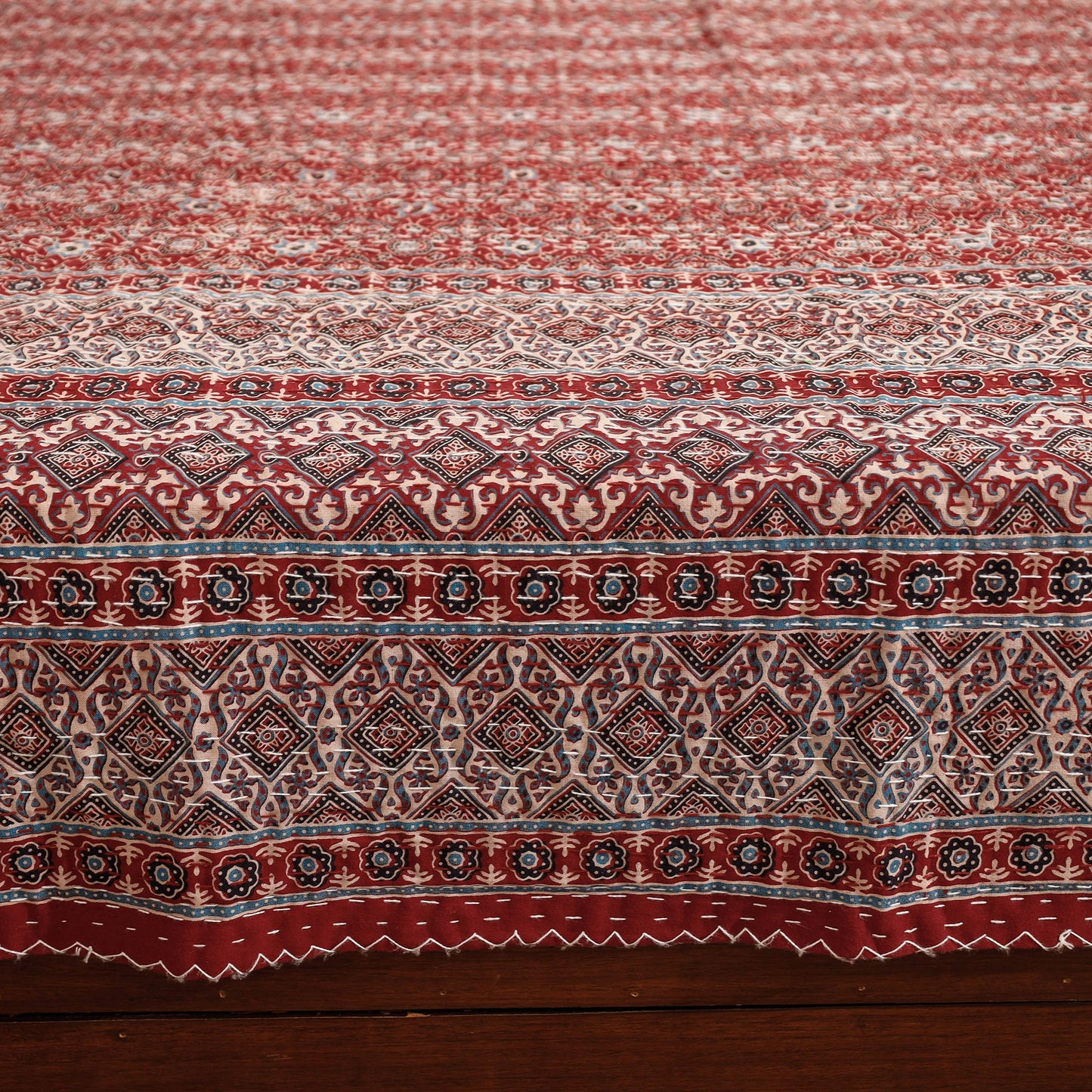 Red Ajrakh Block Print Kantha Work Cotton Double Bed Cover