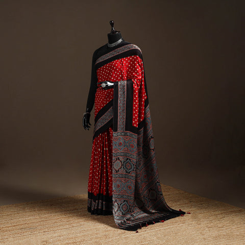 Red - printed modal silk bandhani saree 04 - handcrafted
