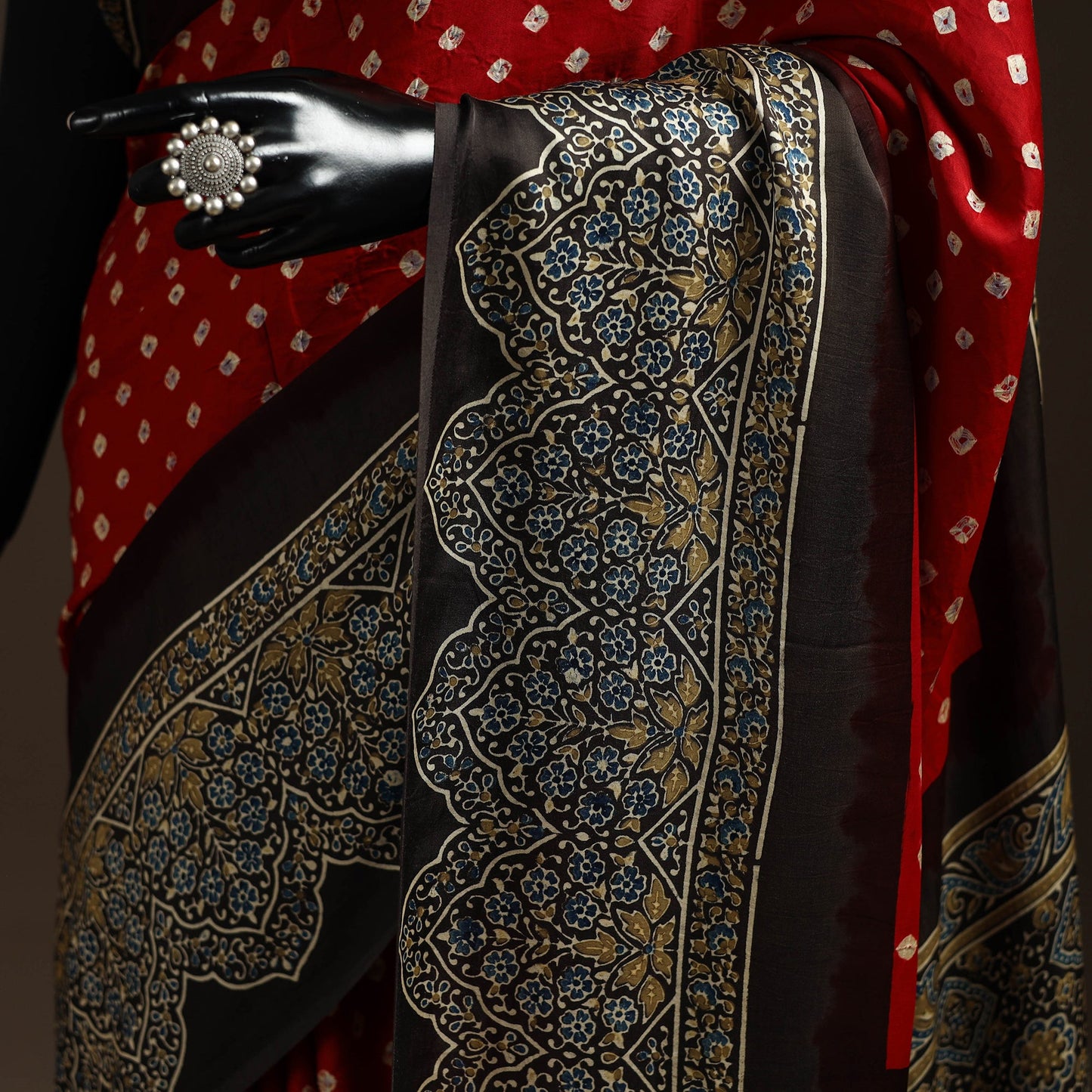 Red - printed modal silk bandhani saree 06 - handcrafted