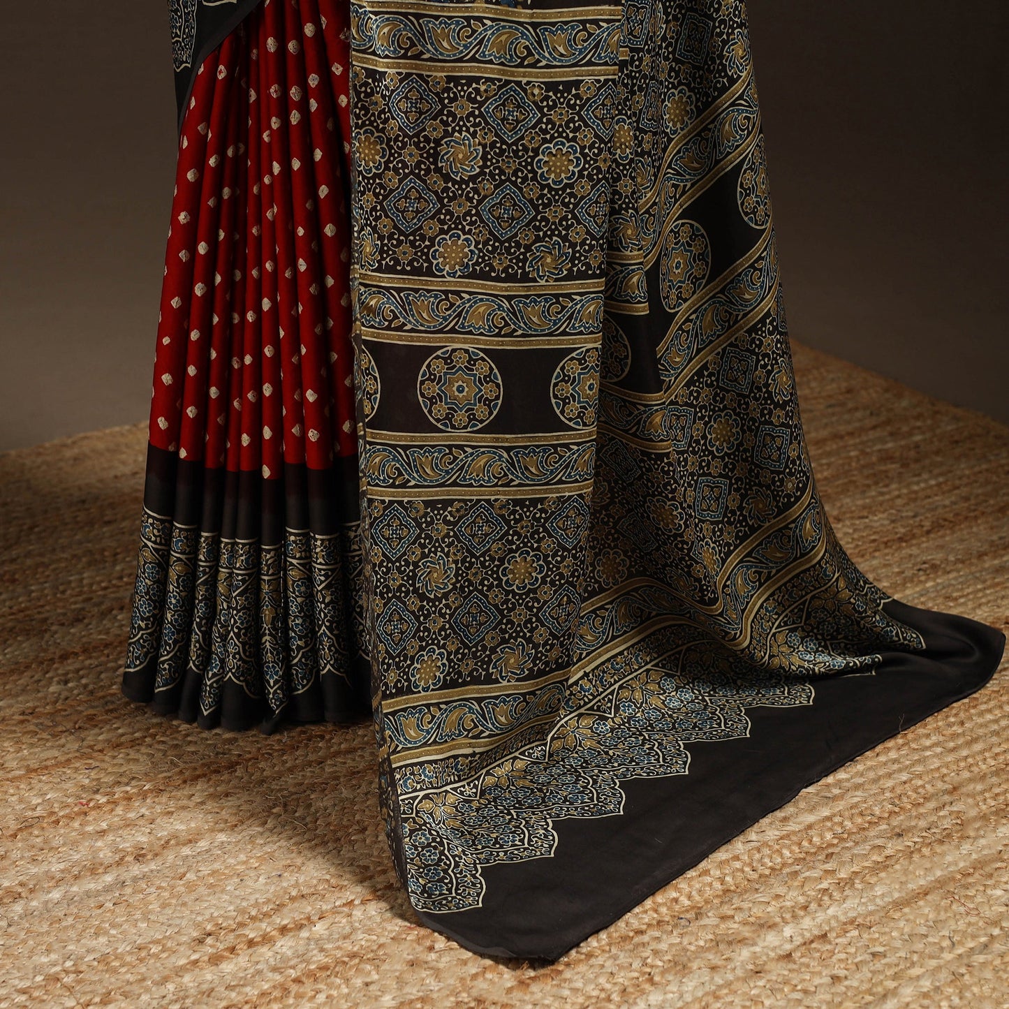 Red - printed modal silk bandhani saree 06 - handcrafted