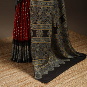 Red - printed modal silk bandhani saree 06 - handcrafted