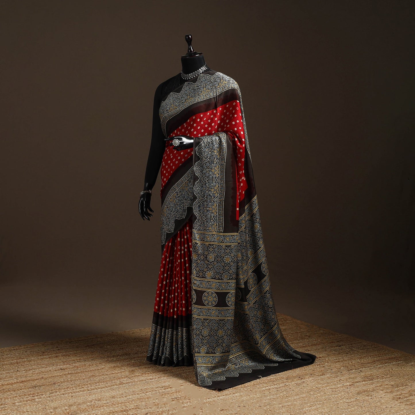 Red - printed modal silk bandhani saree 06 - handcrafted