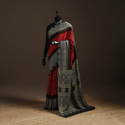 Red - printed modal silk bandhani saree 06 - handcrafted