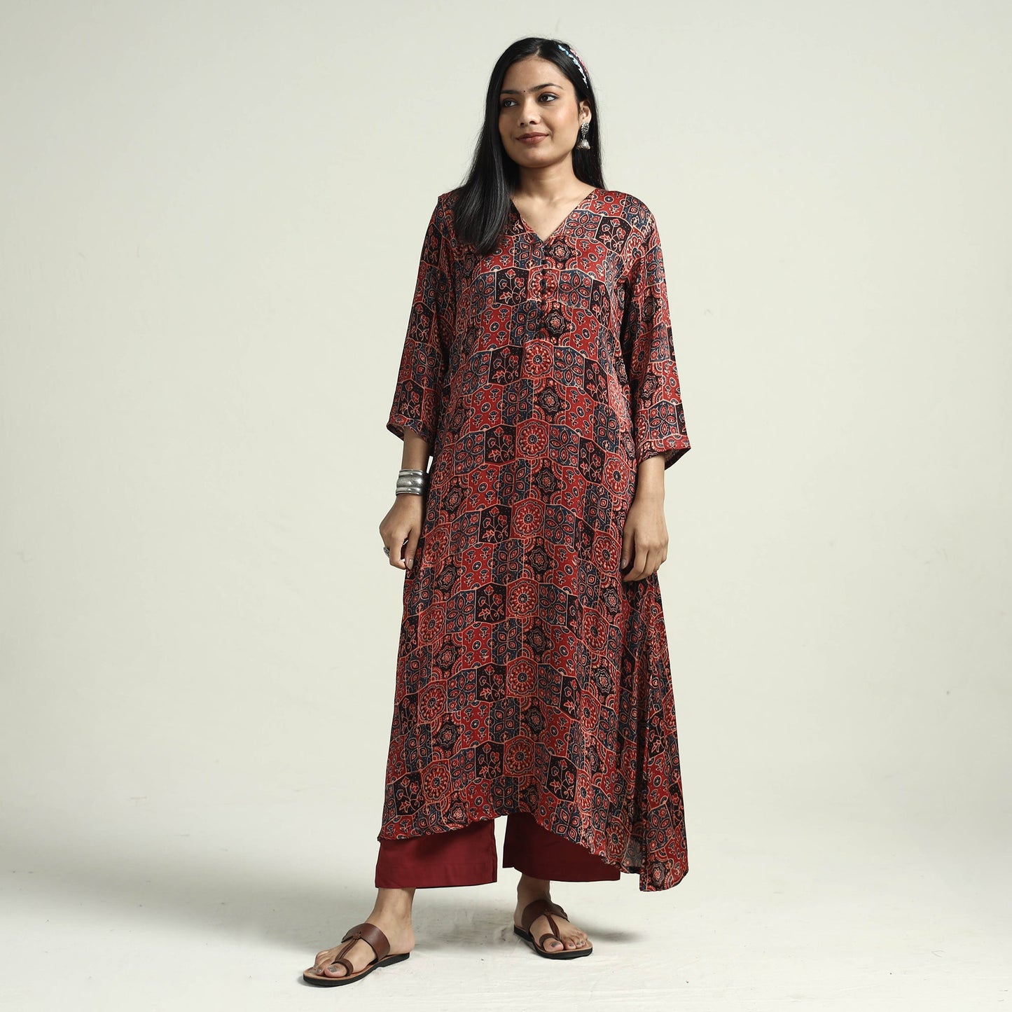  Ajrakh Block Printed Modal Silk Kurta with Palazzo Set 