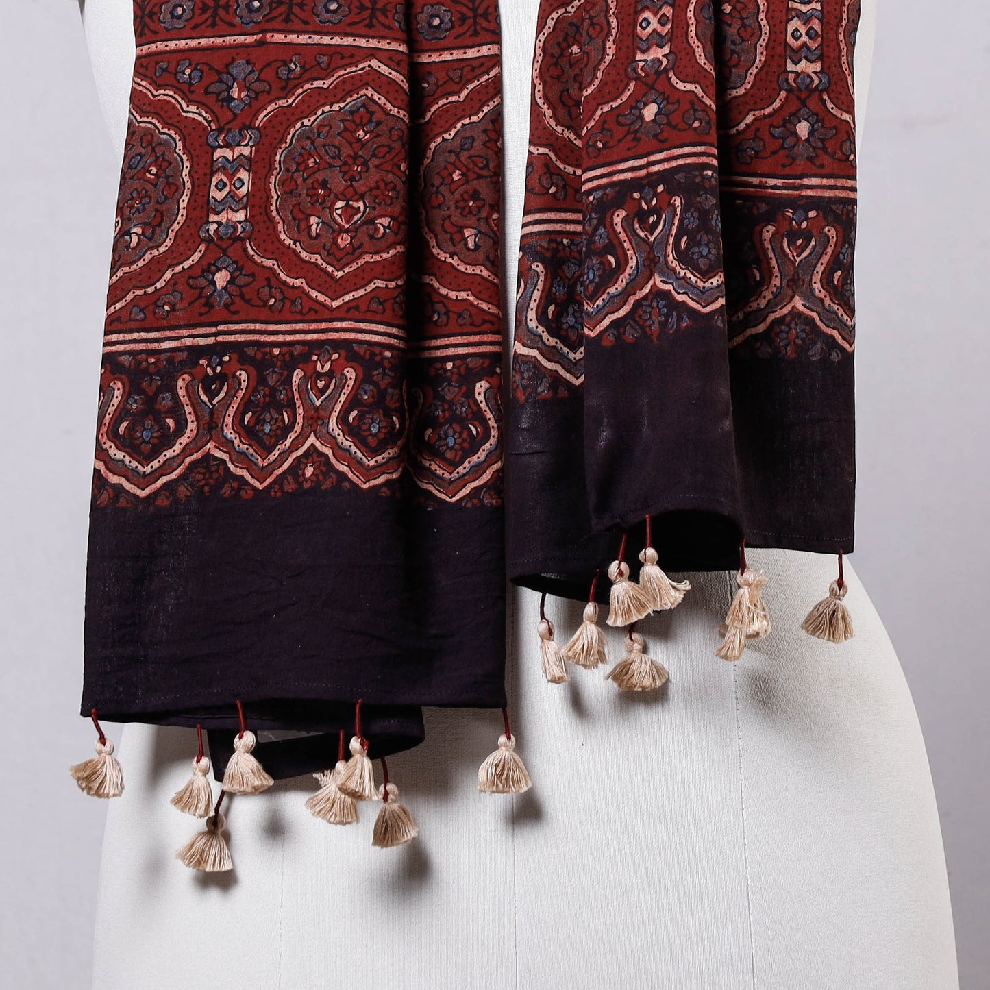   Ajrakh Block Printed Mul Cotton Stole with Tassels 