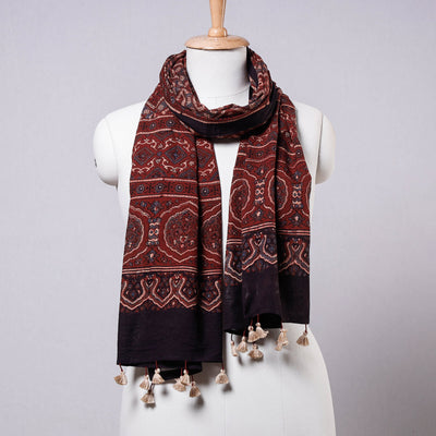   Ajrakh Block Printed Mul Cotton Stole with Tassels 