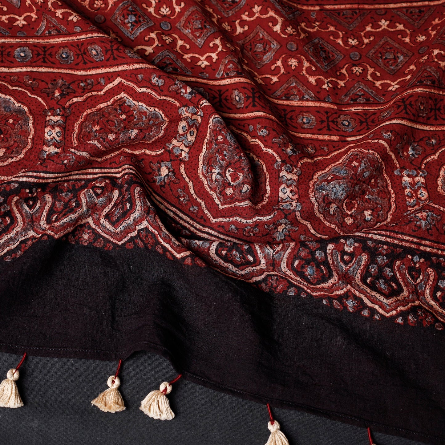   Ajrakh Block Printed Mul Cotton Stole with Tassels 