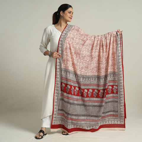 Red Block Printed Natural Dyed Cotton Bagh Dupatta