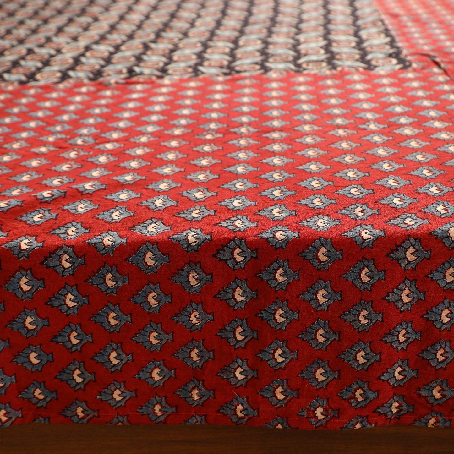 Red - printed patchwork cotton double bed cover with pillow