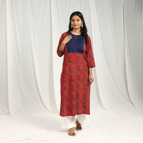  Red Block Printed Cotton Straight Ajrakh Kurta for Women