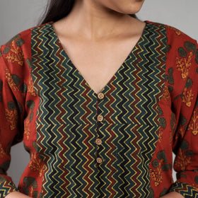 Red Ajrakh Block Printing Cotton Kurta with Palazzo Set