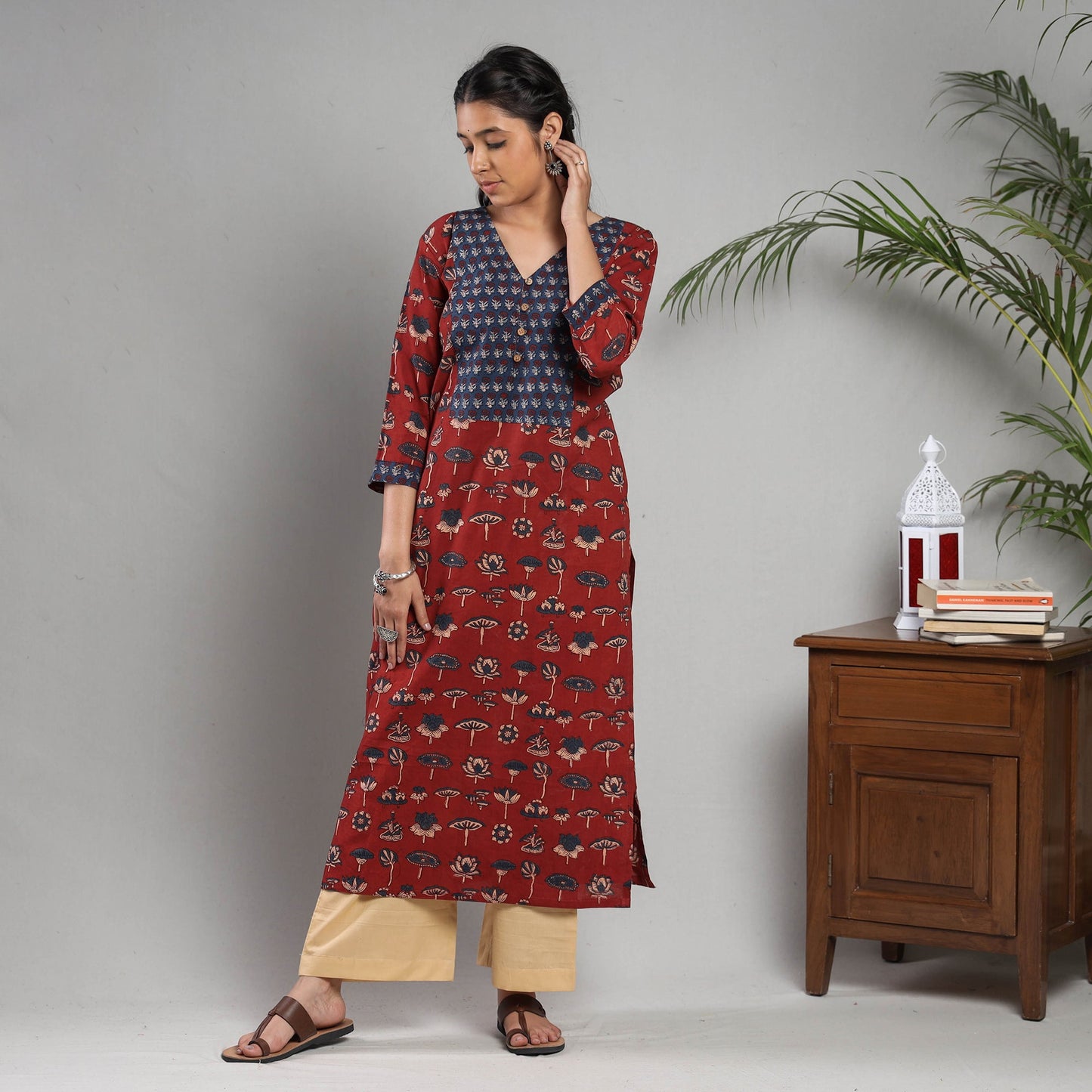 Ajrakh Block Printing Cotton Red Kurta with Palazzo Set 