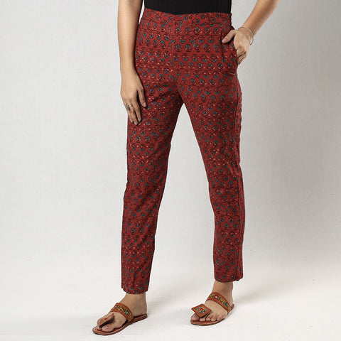 Buy Red Ajrakh Block Printing Cotton Tapered Casual Pant for Women Online at iTokri.com