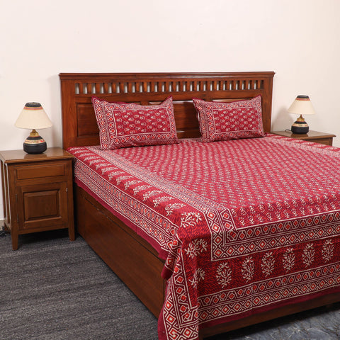 Red Pure Cotton Double Bagru Print Bed Cover Set