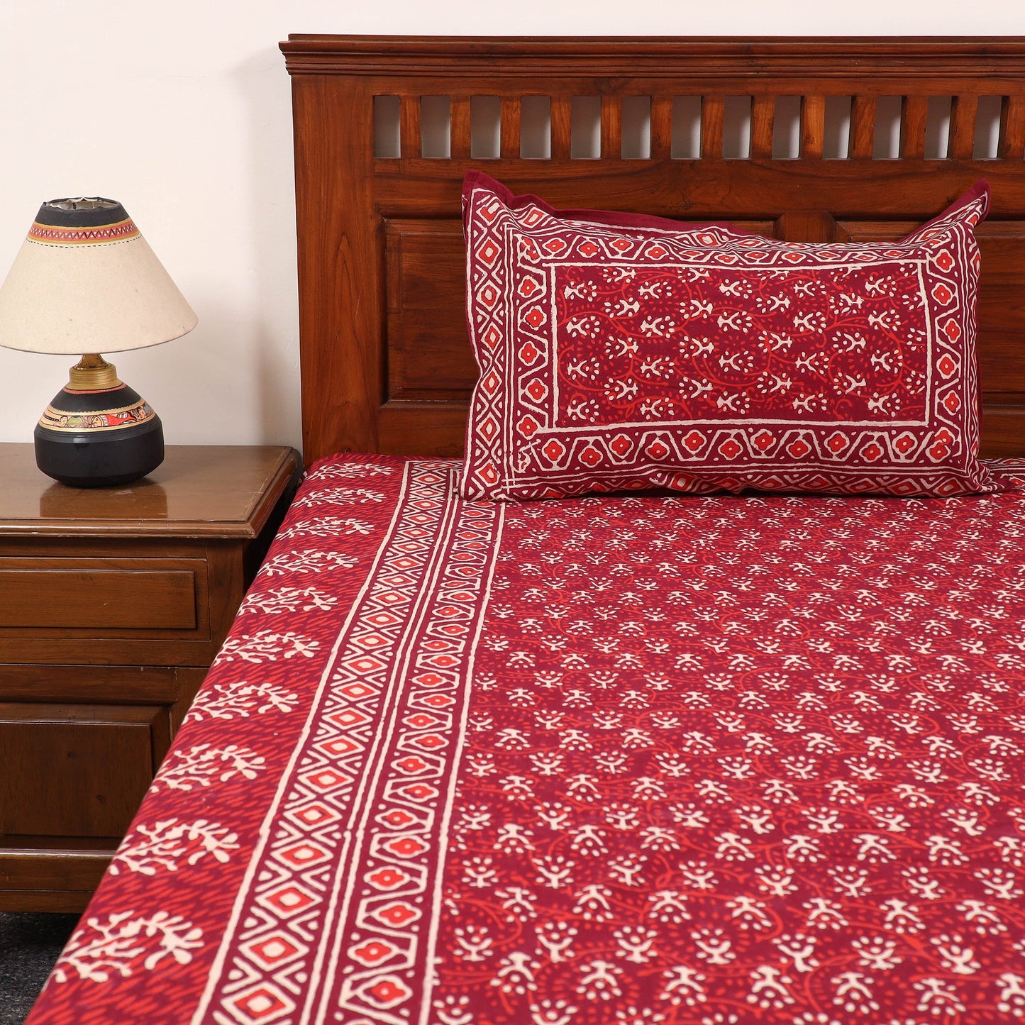 Red Pure Cotton Double Bagru Print Bed Cover Set