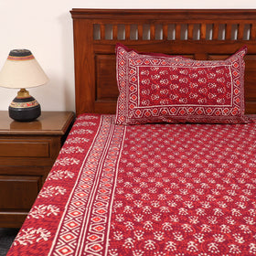 Red Pure Cotton Double Bagru Print Bed Cover Set