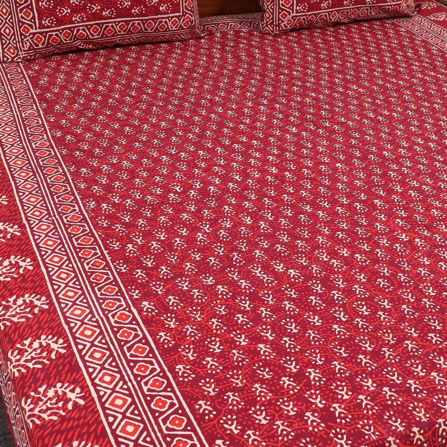 Red Pure Cotton Double Bagru Print Bed Cover Set