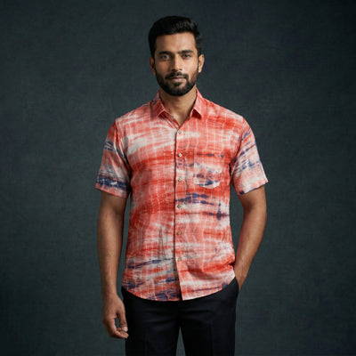 Red - pure cotton half sleeve tie-dye men shibori shirt 38
