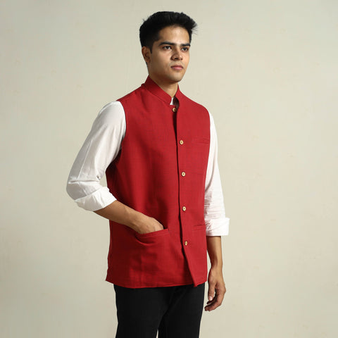 Red - pure cotton handloom men nehru jacket 04 - handcrafted